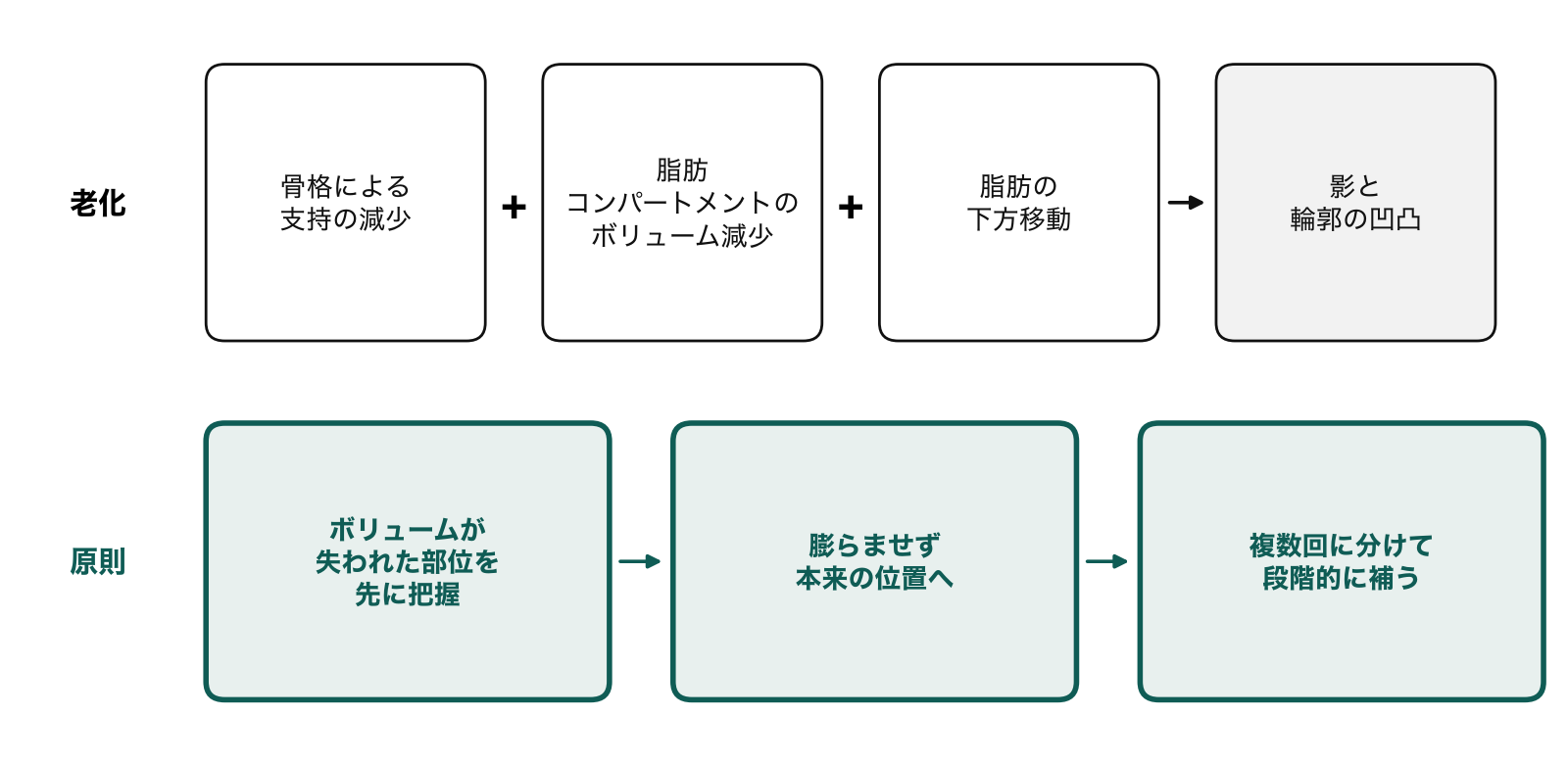 加齢に伴う顔の変化（上）とボリューム回復の原則（下）